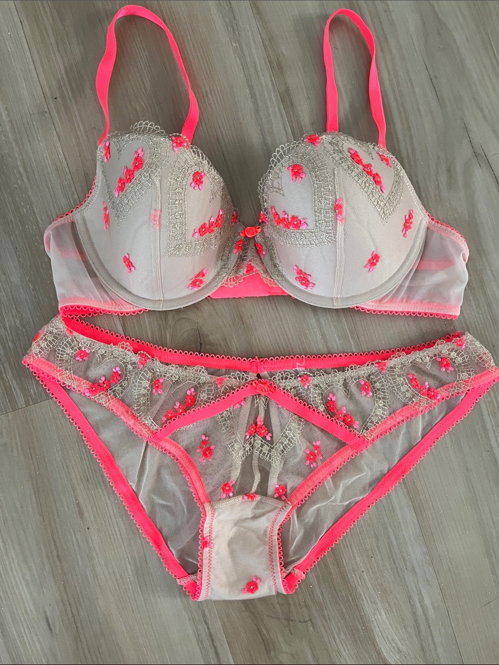 Victoria's Secret Dream Angel Mesh Bra & Brief Set with electric coral accents